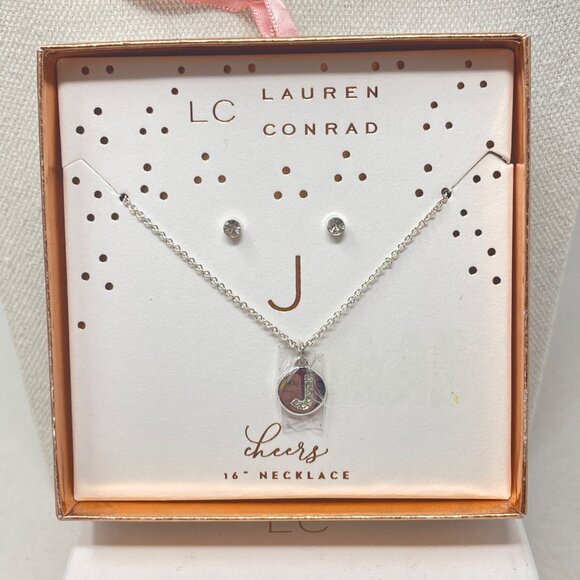 Lauren Conrad Letter J Monogram Necklace &‎ Earring Set Gold-Tone 16" Chain New - Picture 1 of 5